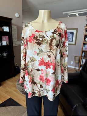 JM Collection scoop neck blouse in reddish/orange, tan & brown floral-size XL